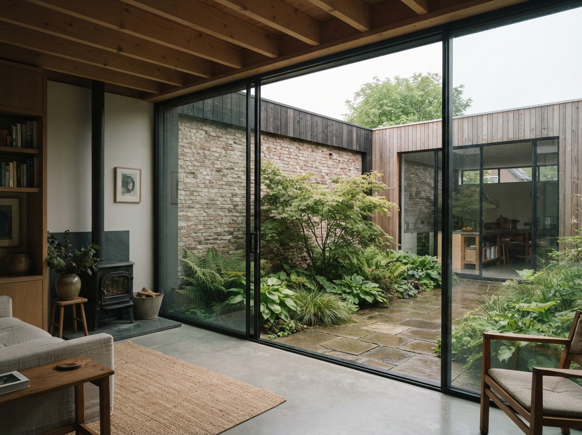 Houten woonhuis aan een groene binnentuin