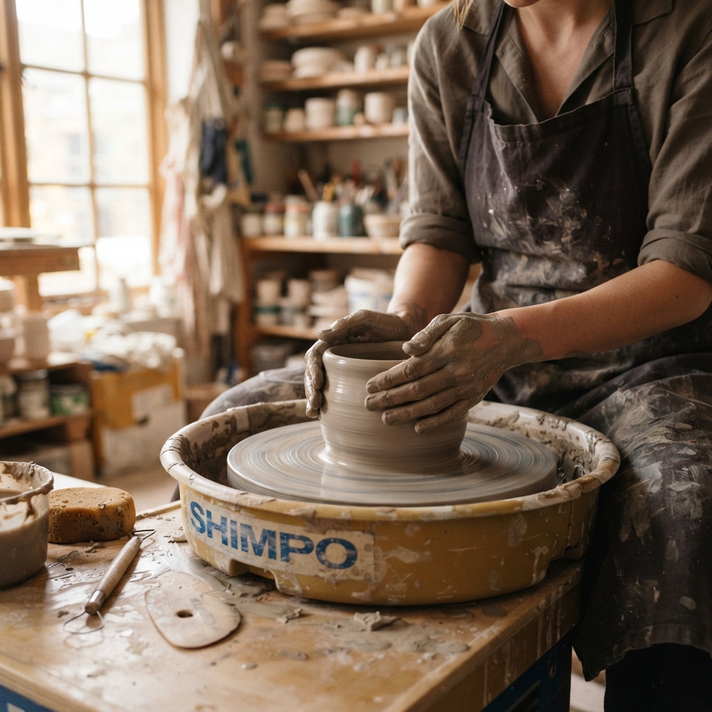 Keramiekmaker vormt met de handen een kom op de draaischijf
