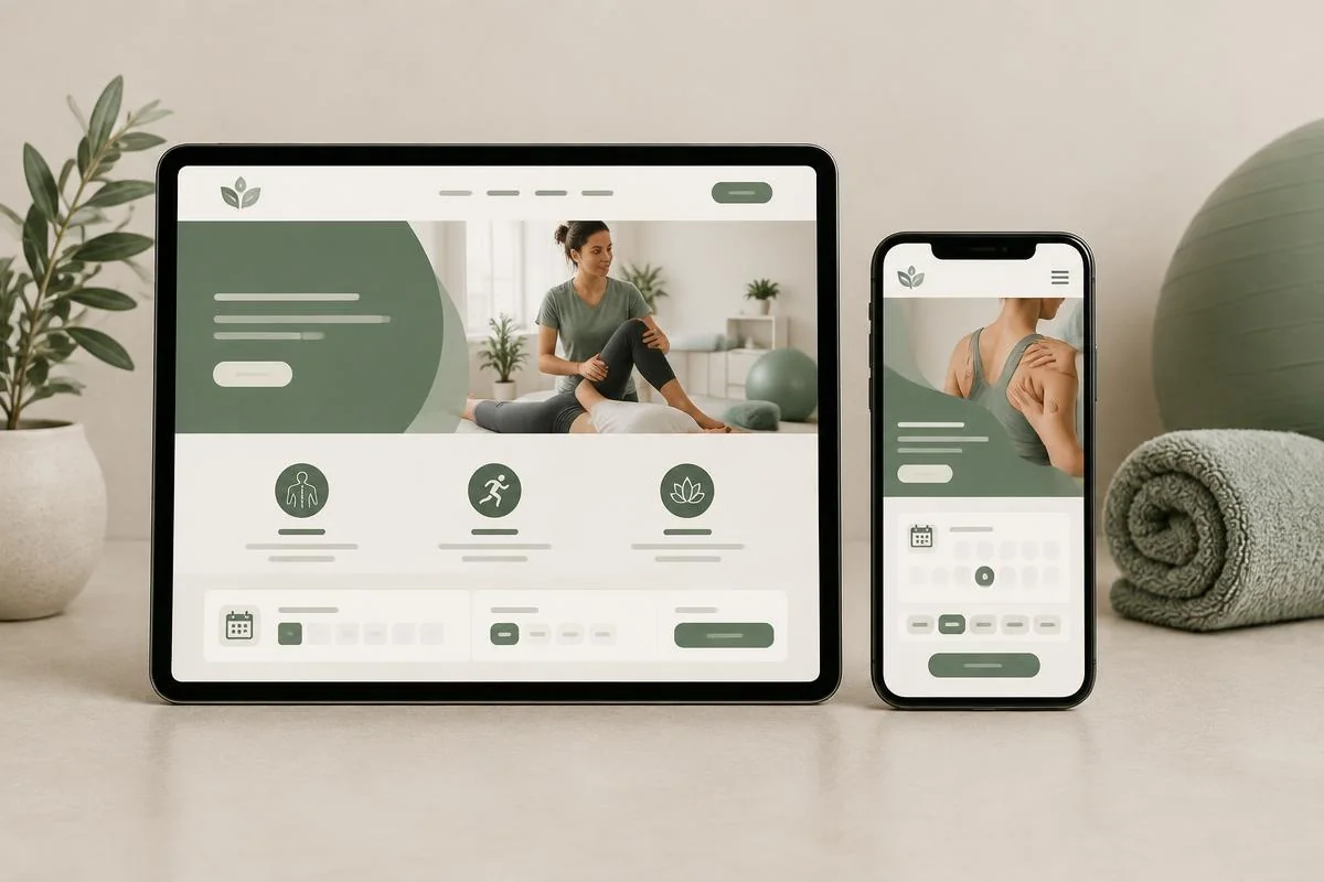 Voorbeeldontwerp van een fysiotherapiewebsite op tablet en telefoon