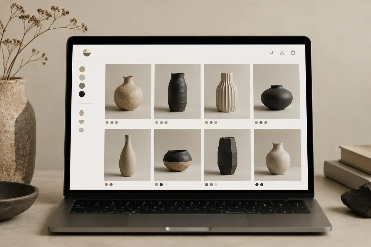 Voorbeeldontwerp van een keramiek webshop op een laptop